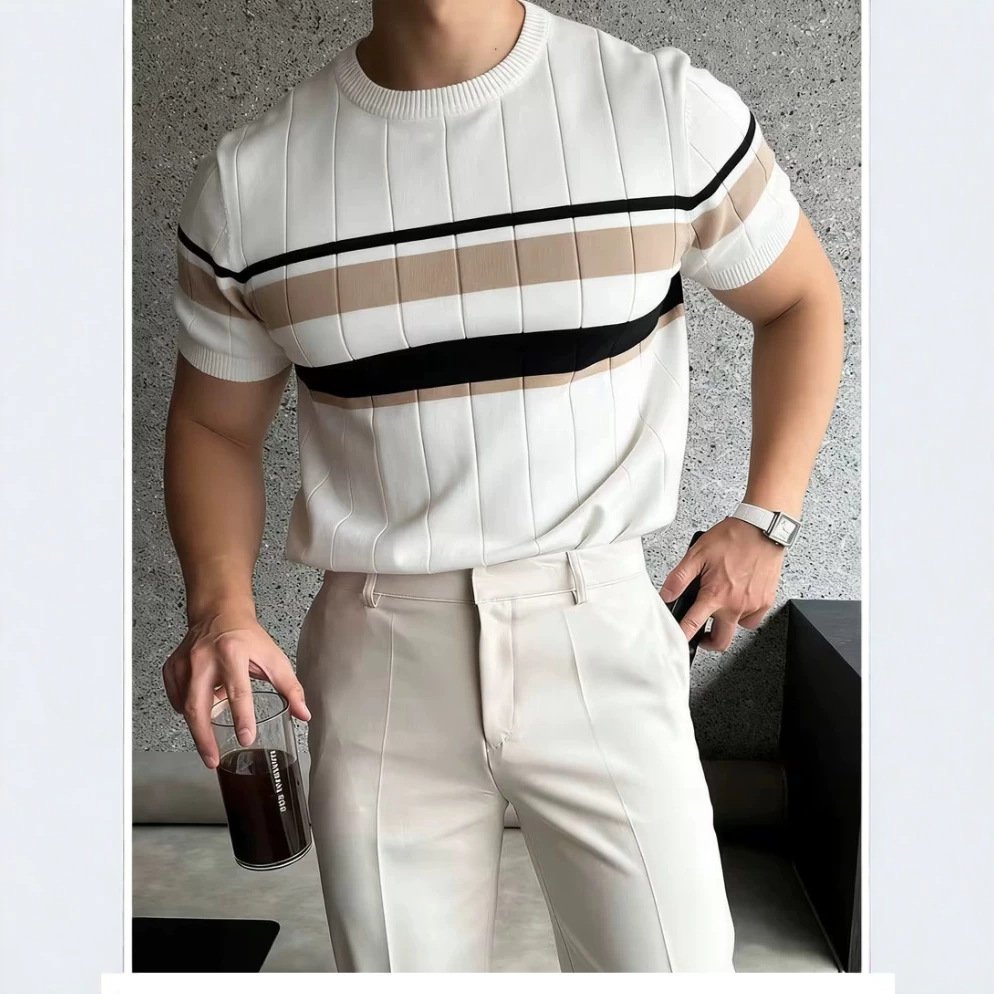 Color-Block Striped Mens Knitted Short-Sleeve Casual Top - Image 8