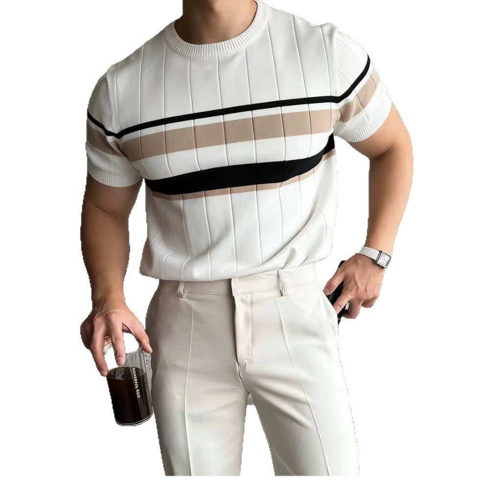 Color-Block Striped Mens Knitted Short-Sleeve Casual Top - Image 2
