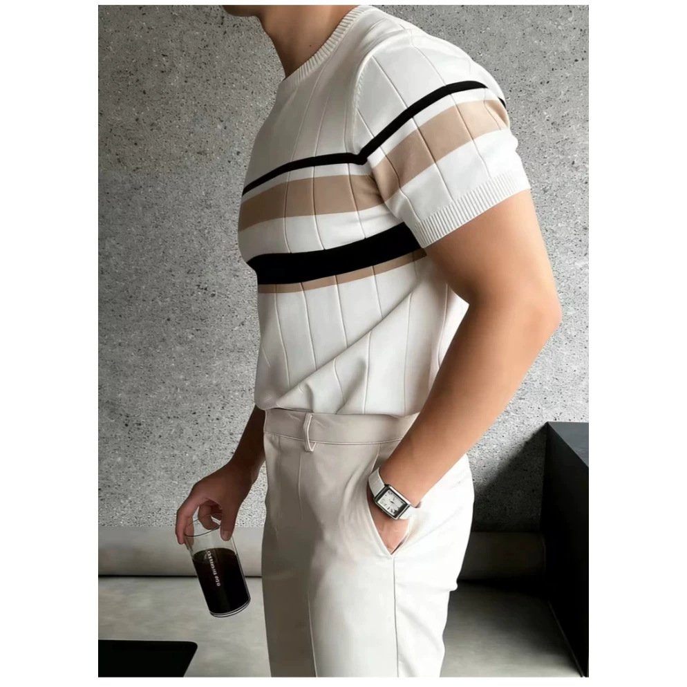 Color-Block Striped Mens Knitted Short-Sleeve Casual Top - Image 4