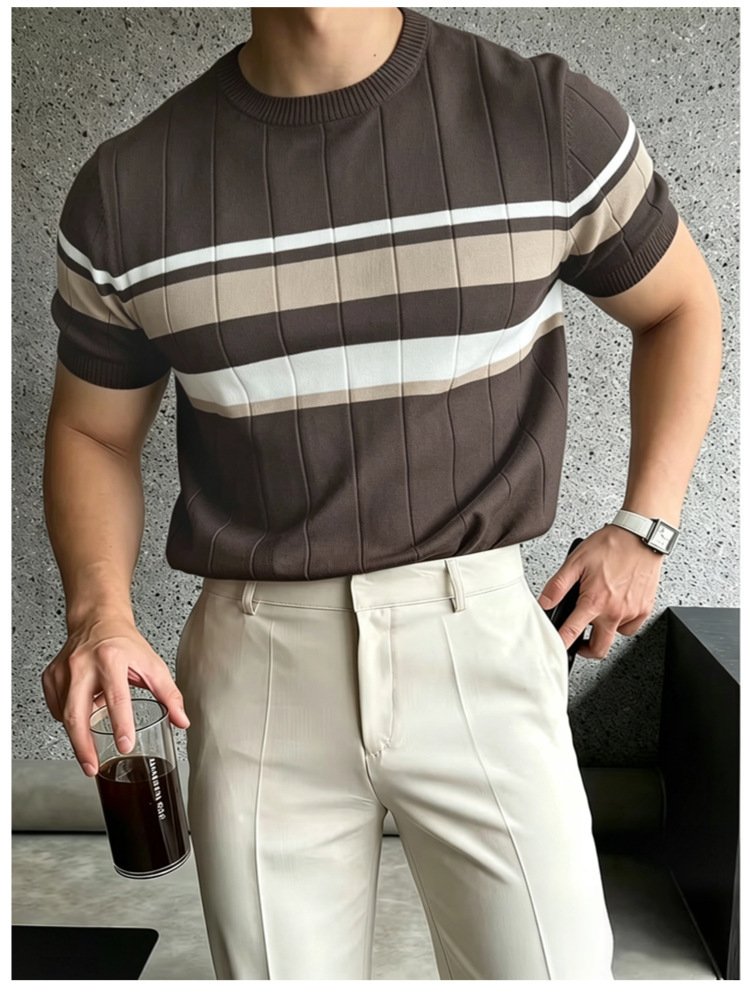 Color-Block Striped Mens Knitted Short-Sleeve Casual Top - Image 3