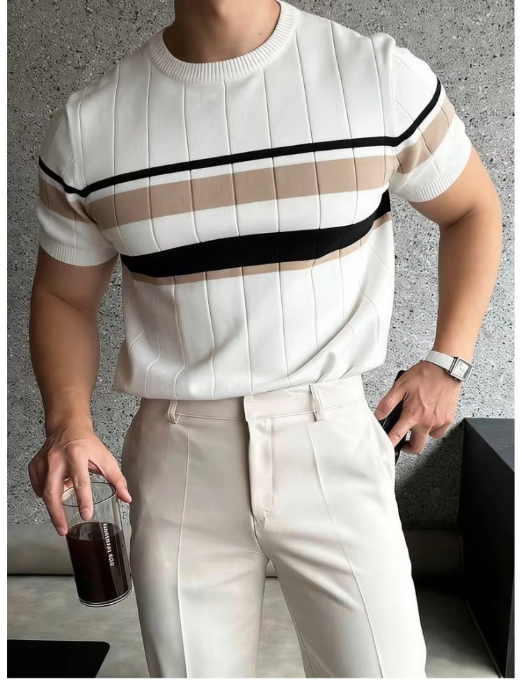 Color-Block Striped Mens Knitted Short-Sleeve Casual Top - Image 7