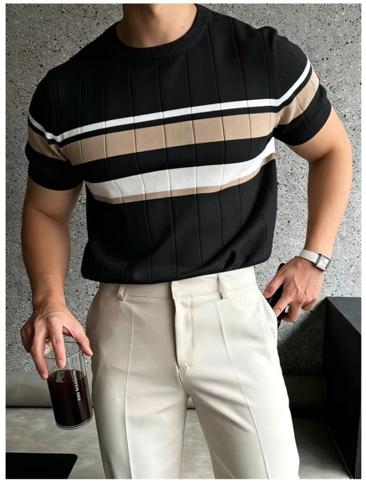 Color-Block Striped Mens Knitted Short-Sleeve Casual Top - Image 6