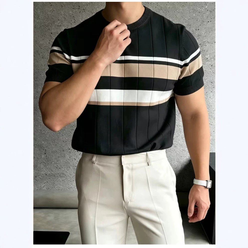 Color-Block Striped Mens Knitted Short-Sleeve Casual Top - Image 5