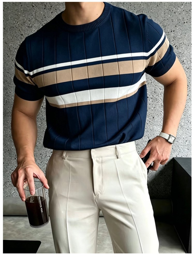 Color-Block Striped Mens Knitted Short-Sleeve Casual Top - Image 9